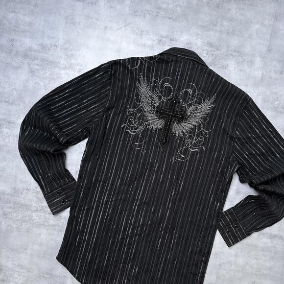 Y2K Lamasini Cross Embroidered 00s Button Up Shirt - Picture 4 of 7